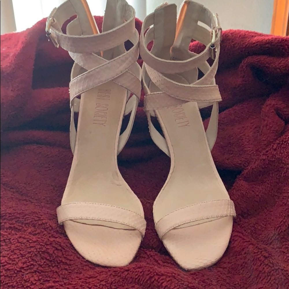 Blush snake skin ankle mid heel sandal